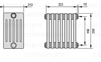 Схема (чертеж) Радиатор Zehnder Charleston 6045/7 №7610 Белый глянцевый RAL 9016
